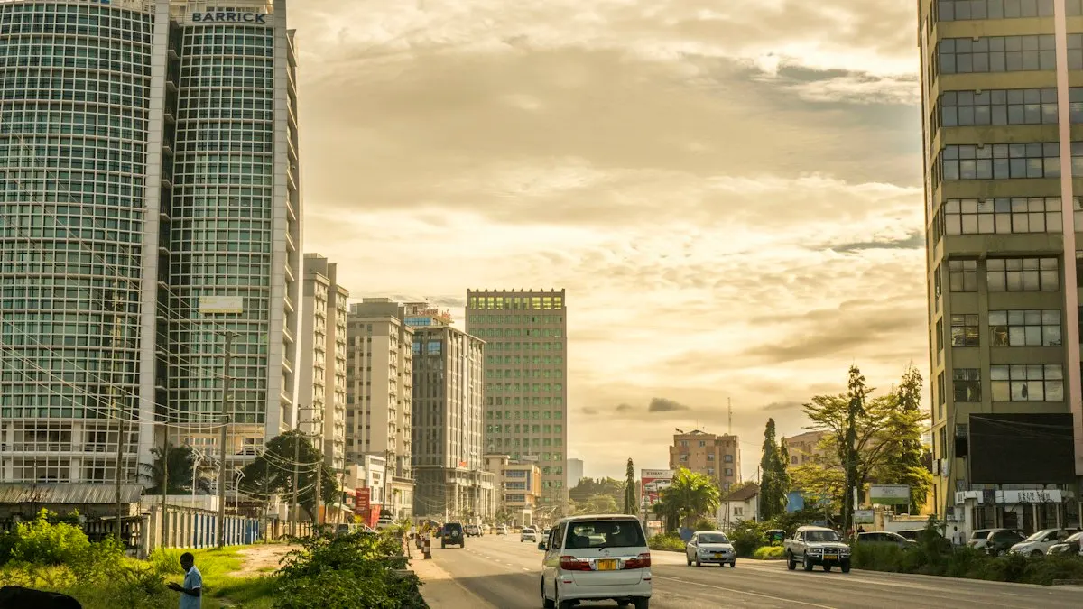 Office towers along a Dar es Salaam road, in the country where a Tanzanian bank's primary data center must sit