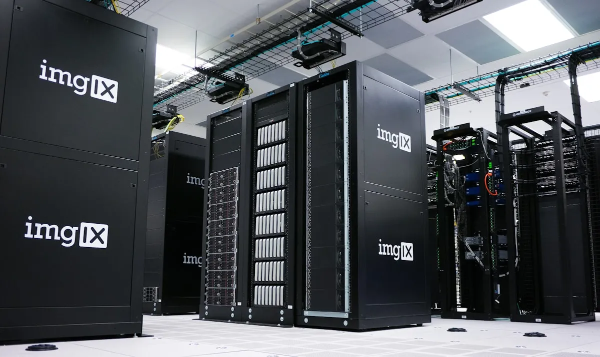 Interior of a modern data center with organized server racks